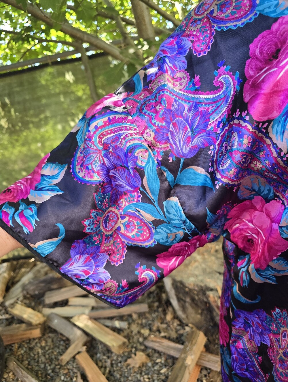 Vtg 80's Floral Paisley Satin Housecoat Muumuu Dress Maximalist Whimsigoth Glam - Picture 9 of 11